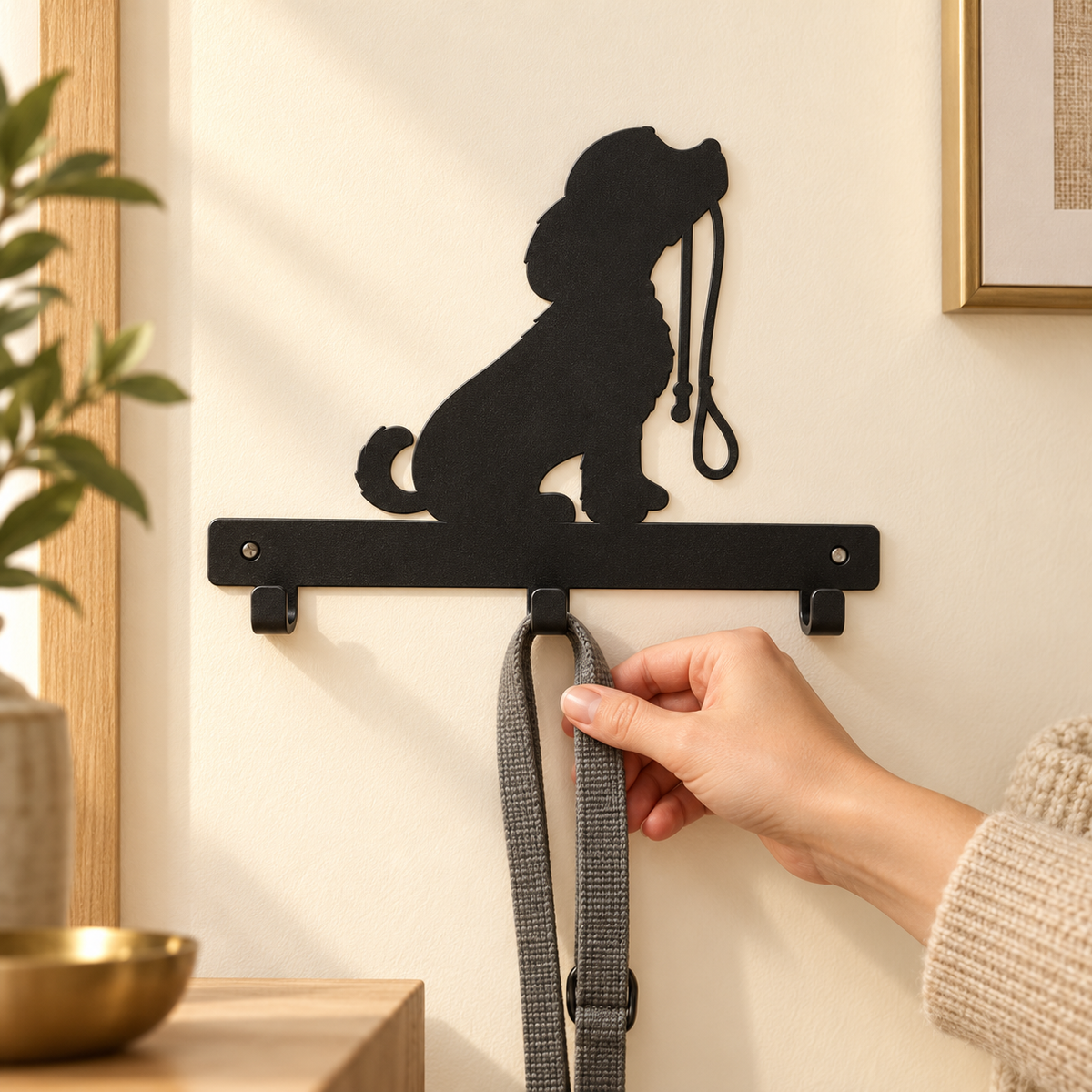 A hand placing a gray leash on the center hook of a black dog-shaped rack mounted on a cream wall