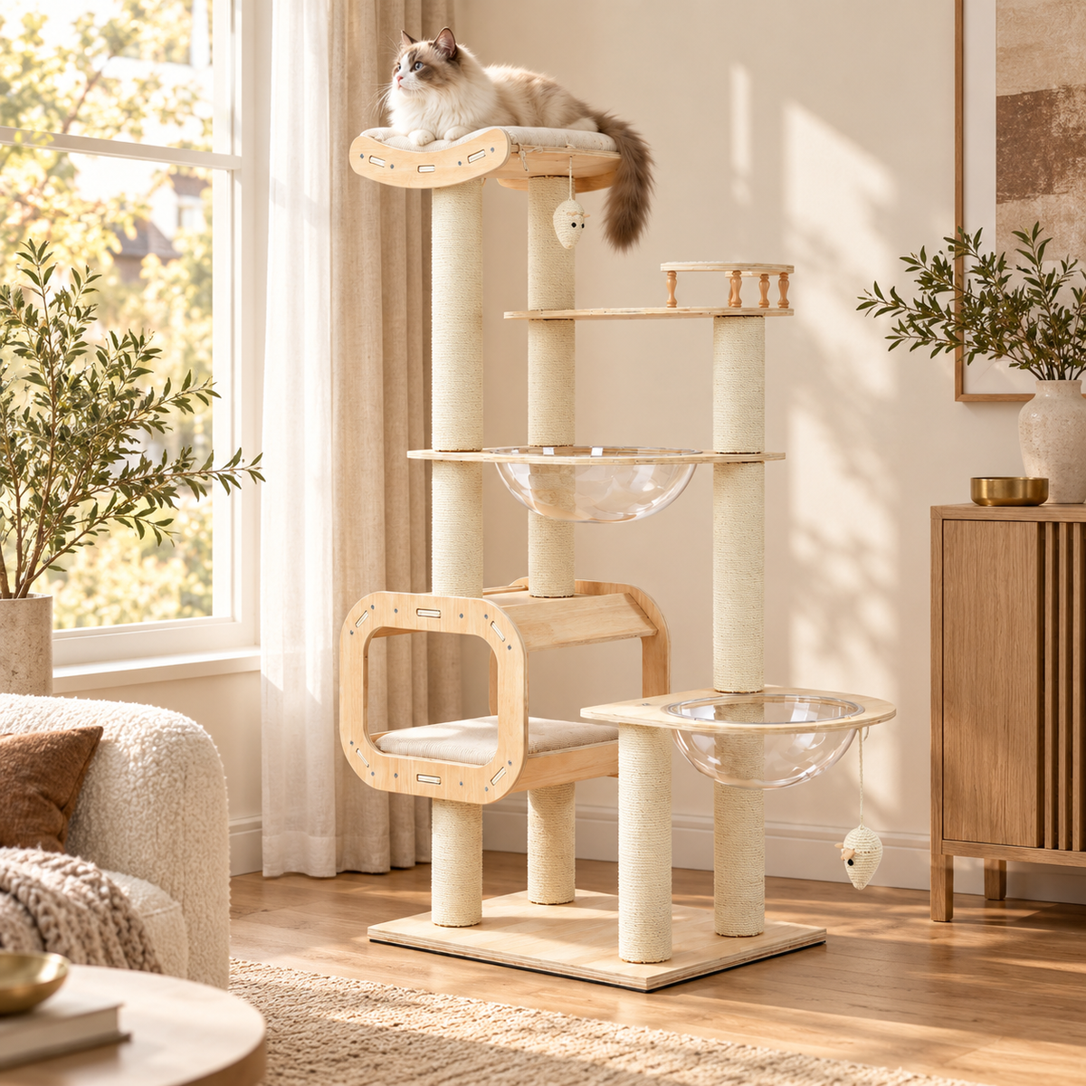Ragdoll cat resting on the top perch of a four-level wooden cat tree with sisal posts and clear dome hammock