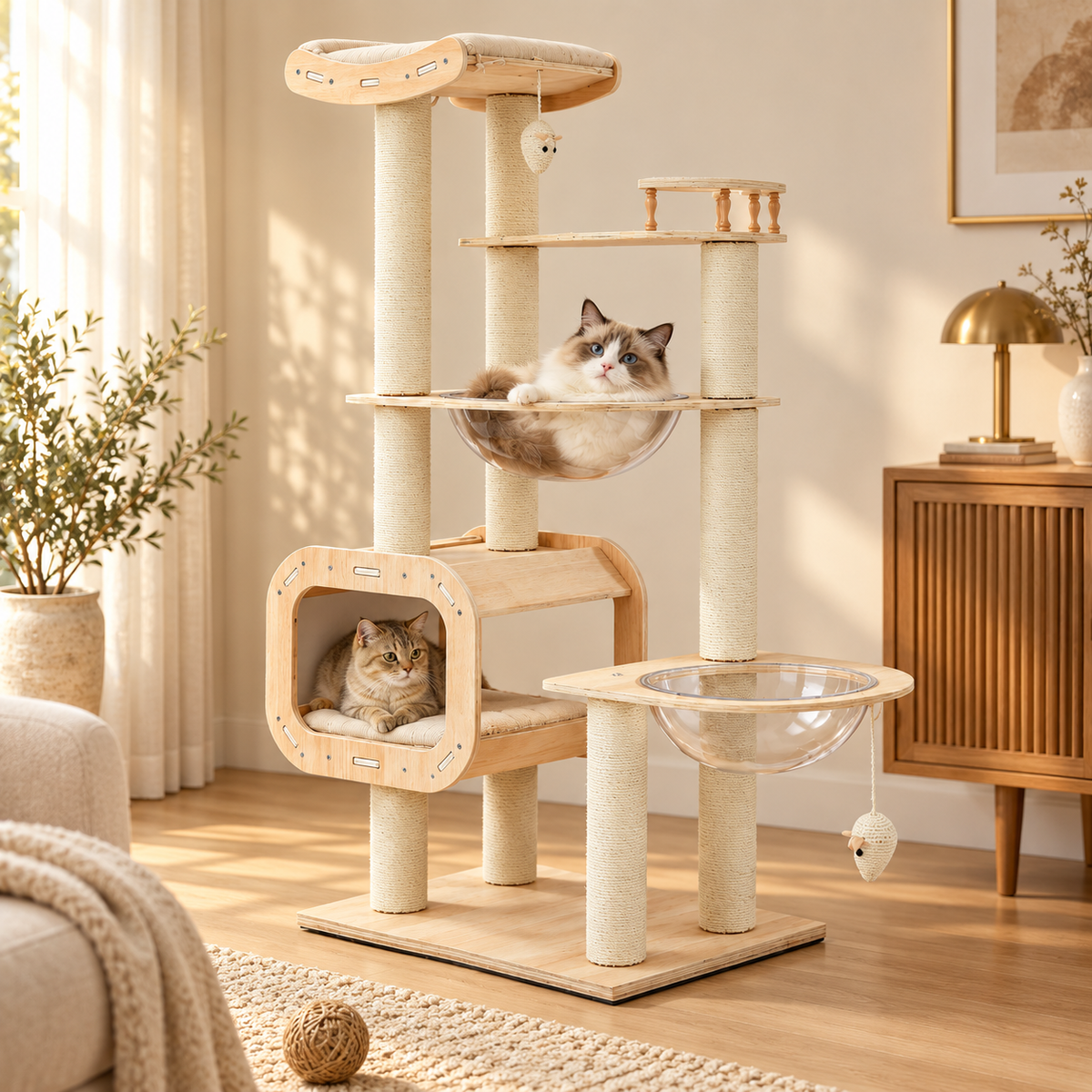 Four-level wooden cat tree with sisal posts and a clear bubble hammock, a ragdoll cat in the hammock and one in the cubby