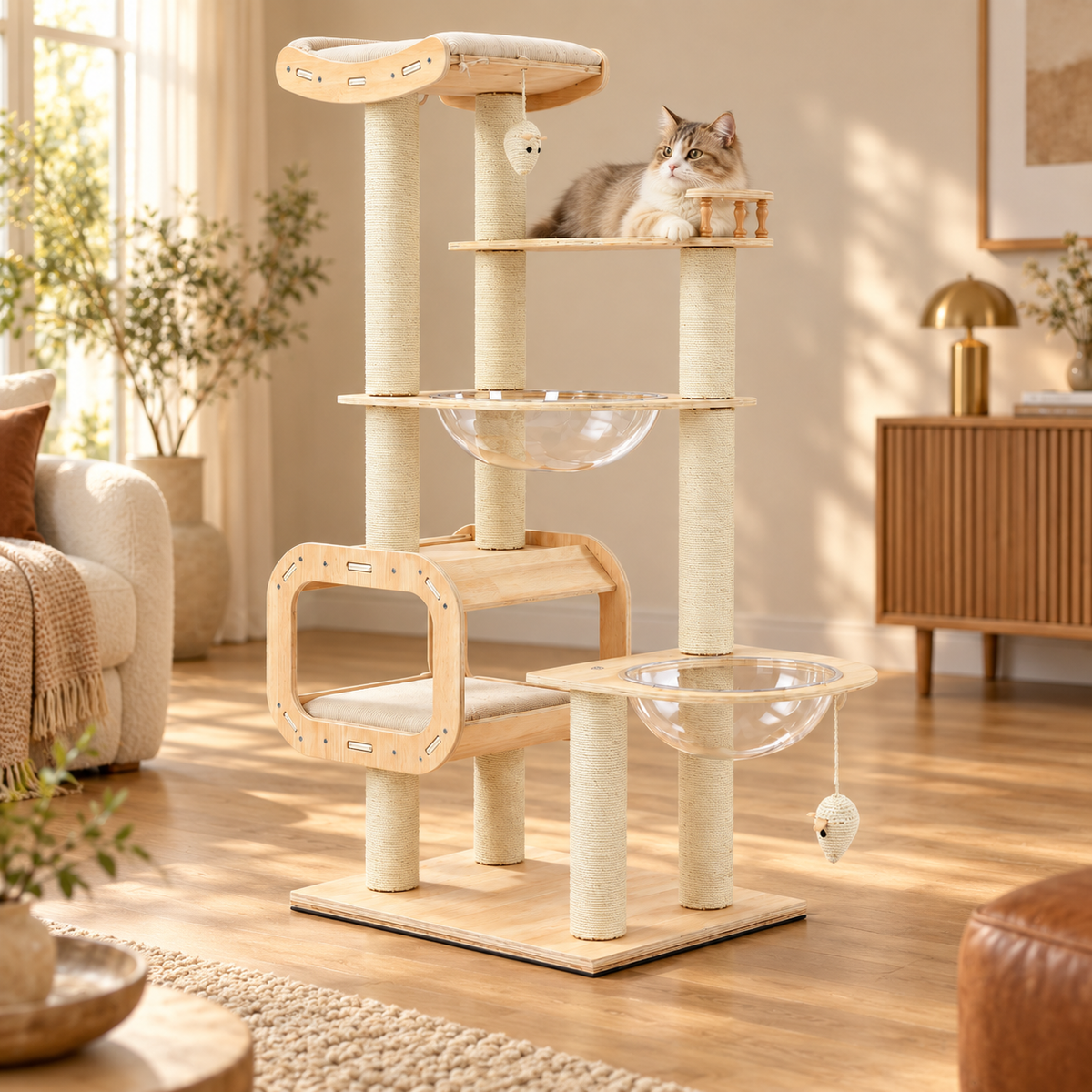 Natural wood four-level cat tree with sisal posts, a clear bowl hammock and a cat on an upper shelf, in a living room