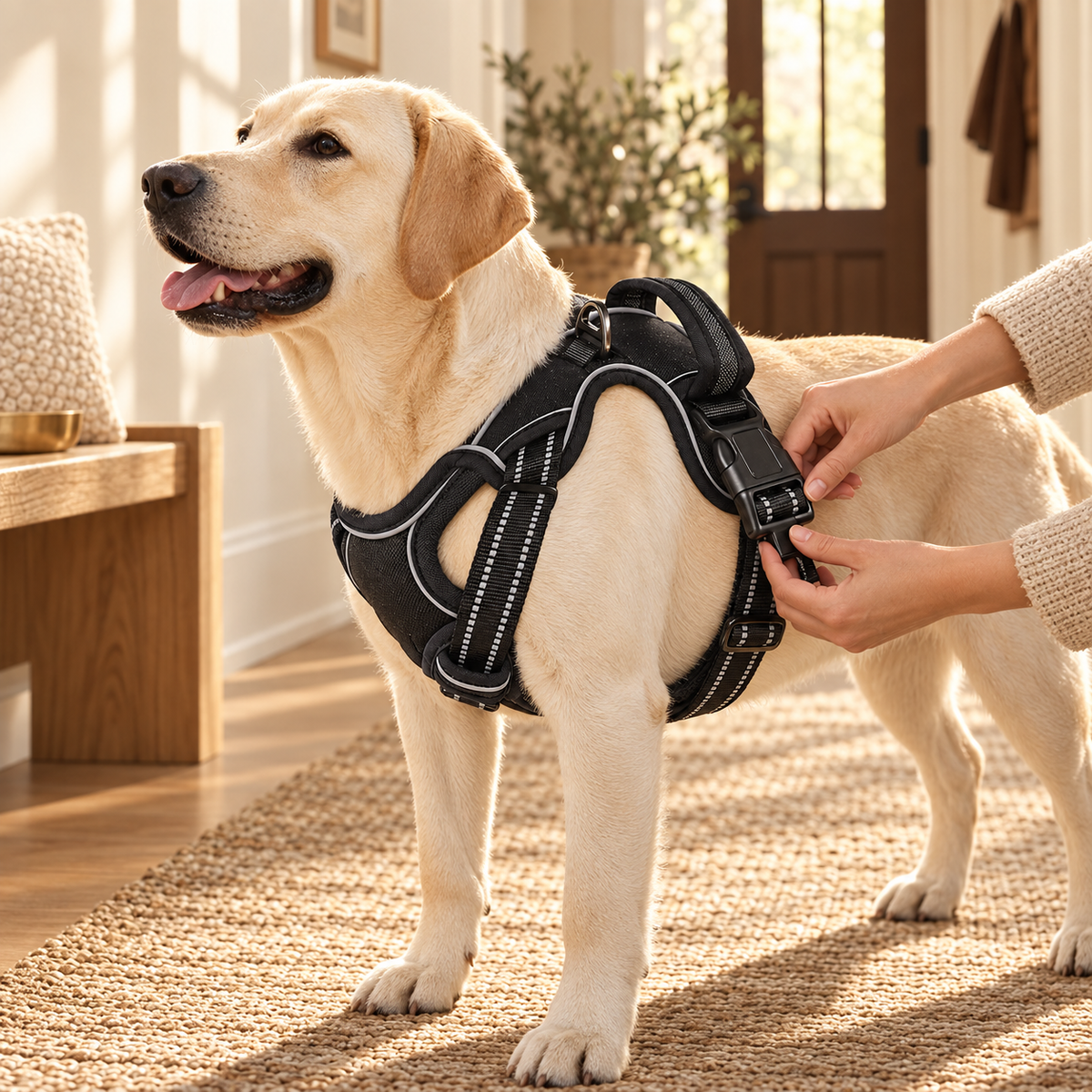 Hands adjusting the side buckle of a black padded harness on a labrador in a sunlit hallway