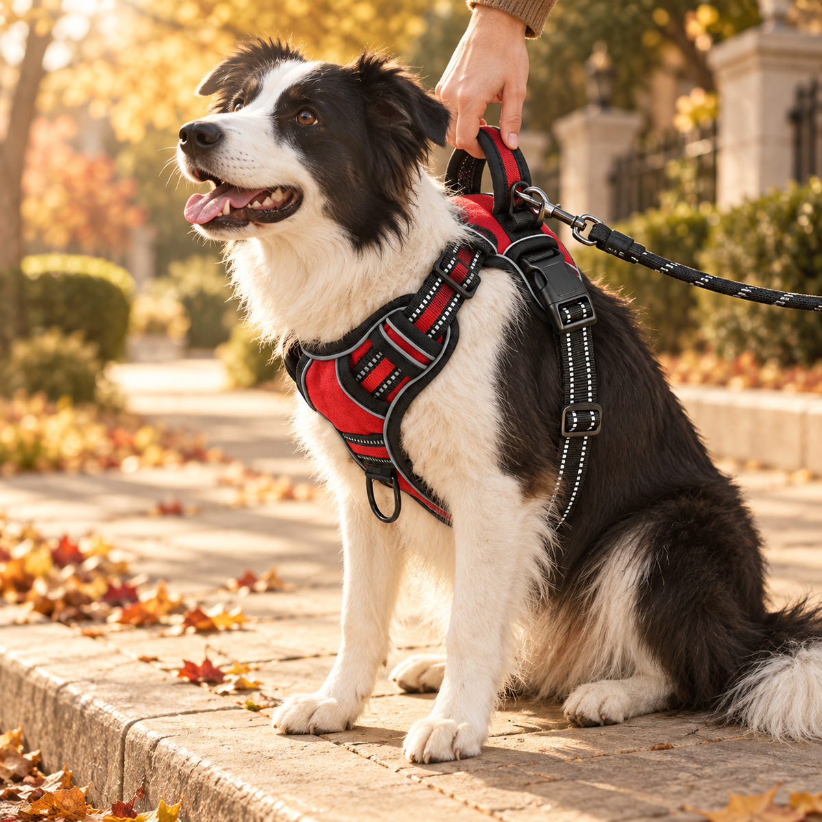 Hand holding the top handle of a red harness on a border collie waiting at a curb