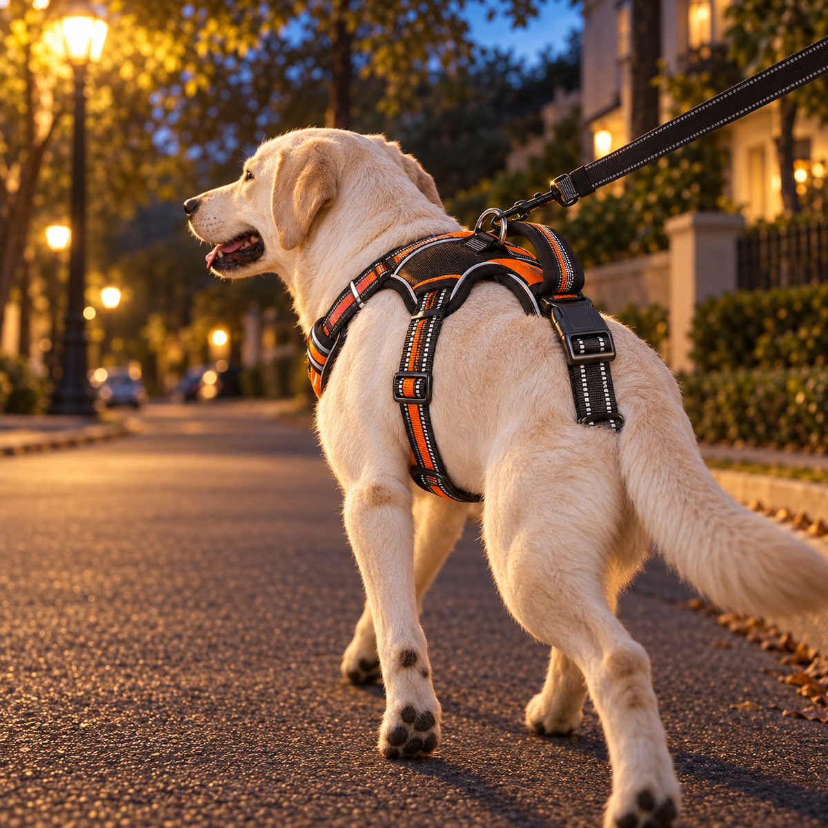Dog in an orange harness on an evening street, reflective trim glowing in the lamplight