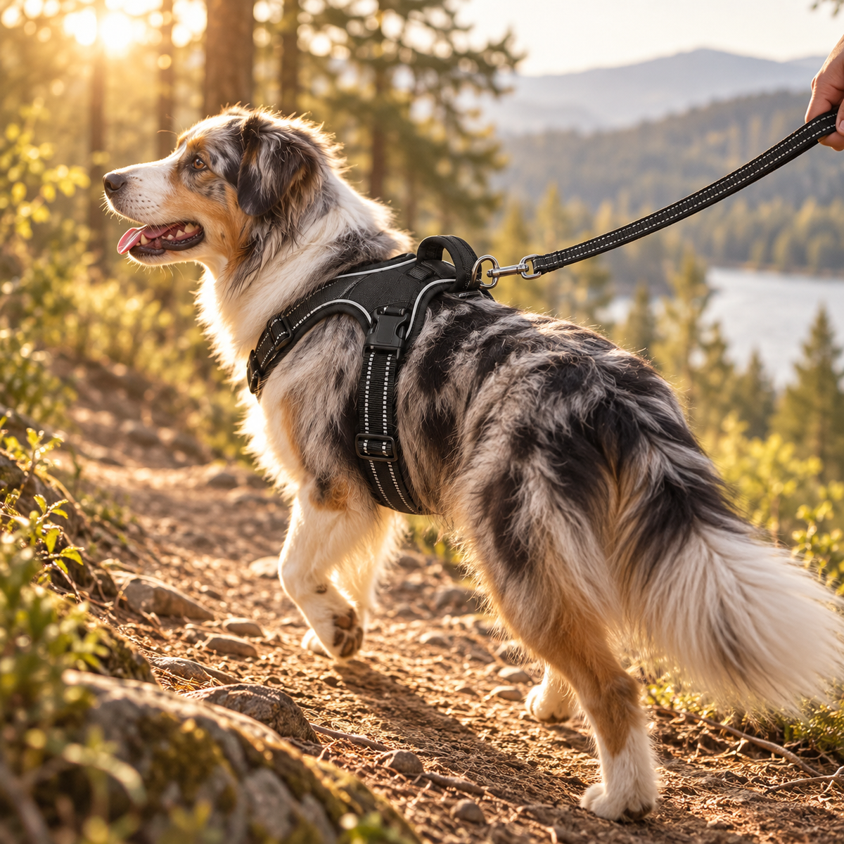 Australian shepherd in a black padded harness trotting on a forest trail on a leash