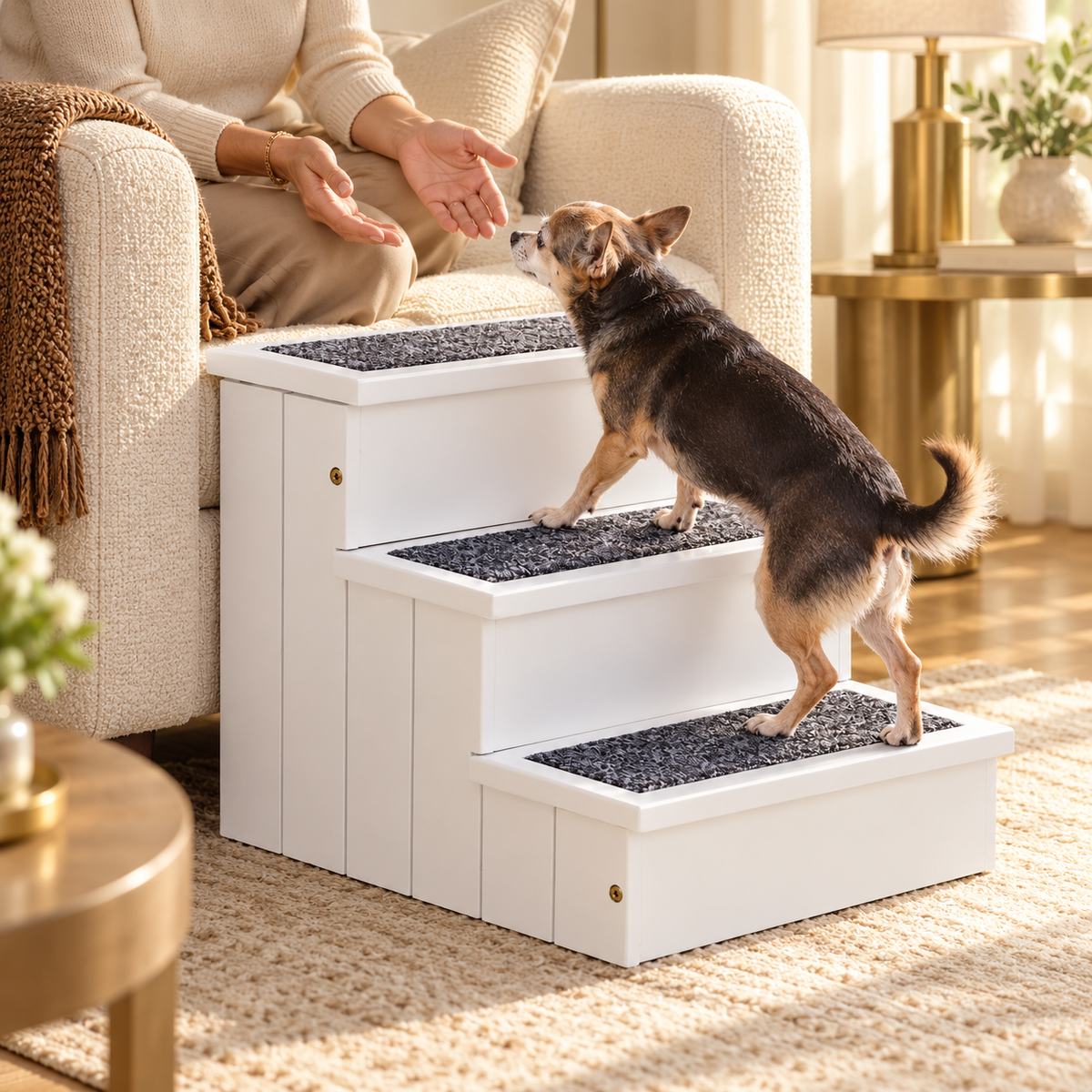Small brown and black dog climbing a white wooden three-step pet stairs with gray carpet treads toward a seated person