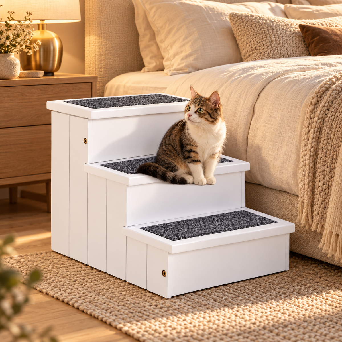 Tabby and white cat sitting on the middle step of white wooden pet stairs with gray carpet treads beside a bed
