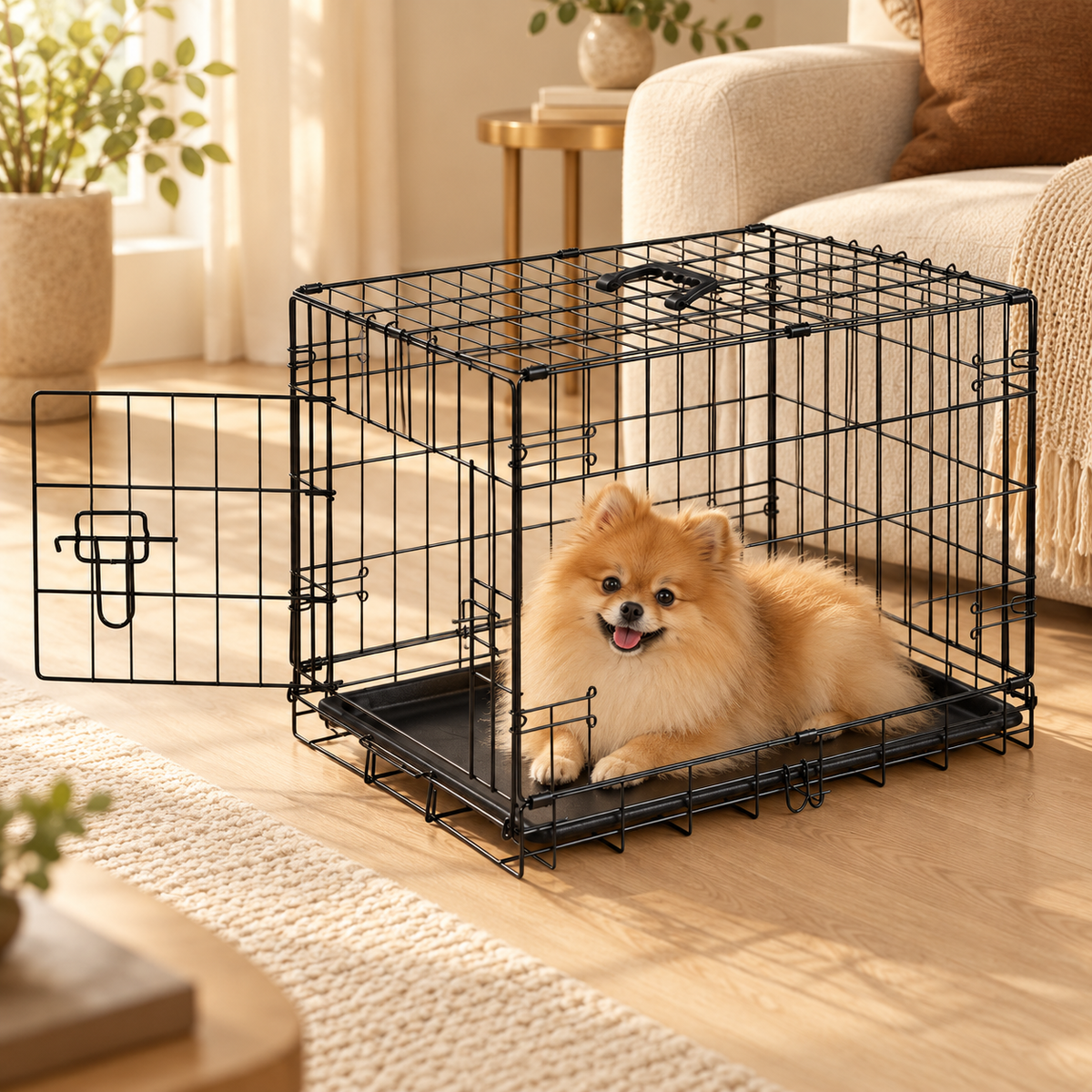 Small orange Pomeranian lying inside a black wire foldable dog crate with a tray and open door in a bright room