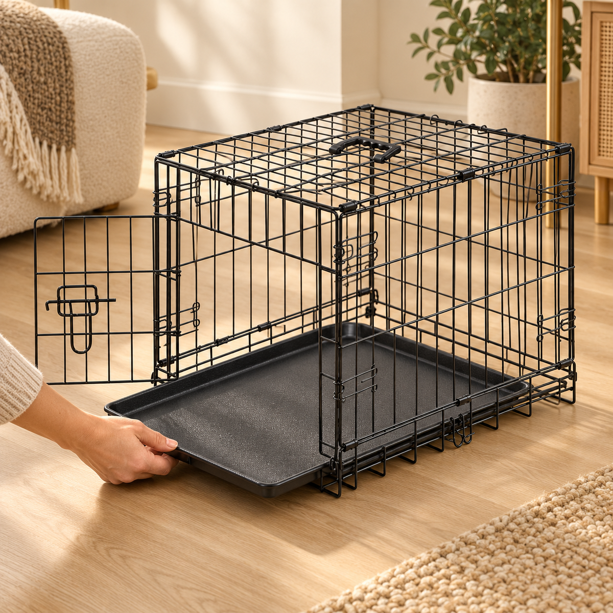 Hand sliding the black plastic tray out from the base of a black wire foldable dog crate with its door open
