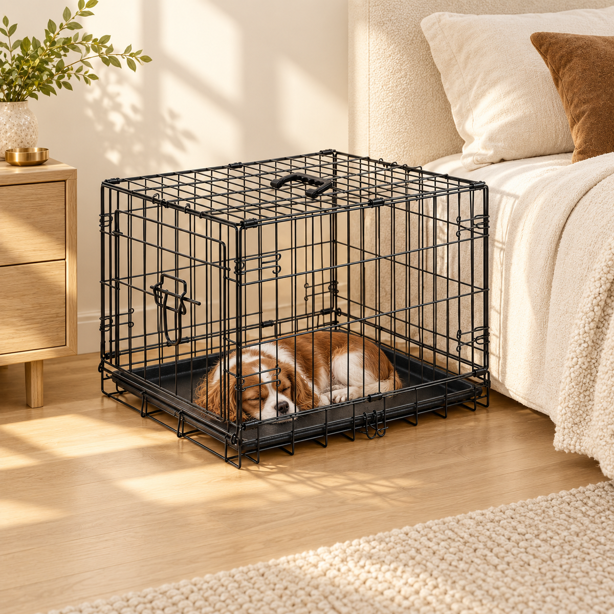 Cavalier King Charles spaniel napping inside a black wire foldable dog crate beside a bed with a nightstand