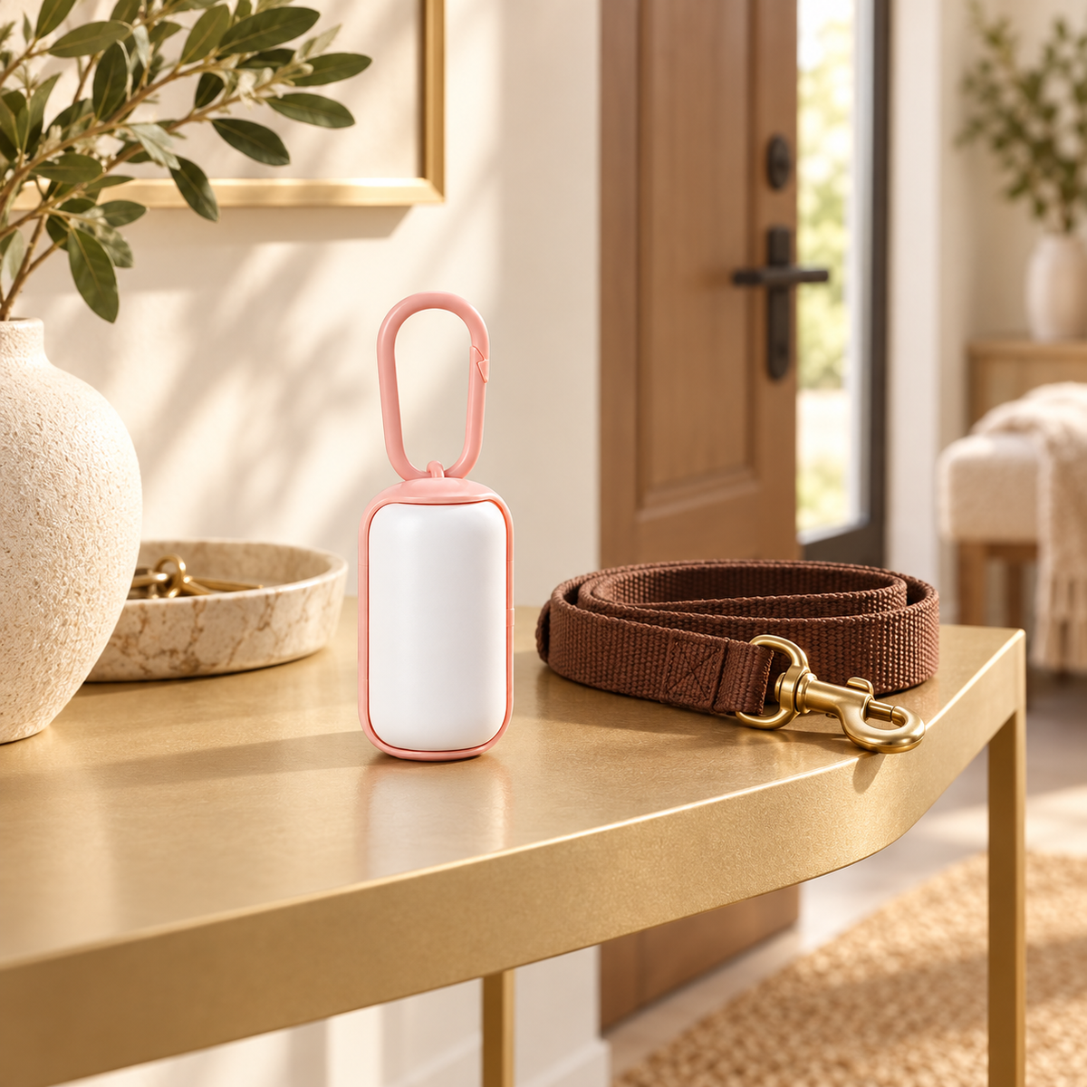 Pink carabiner waste bag dispenser in white standing on a gold side table next to a folded brown leather dog leash