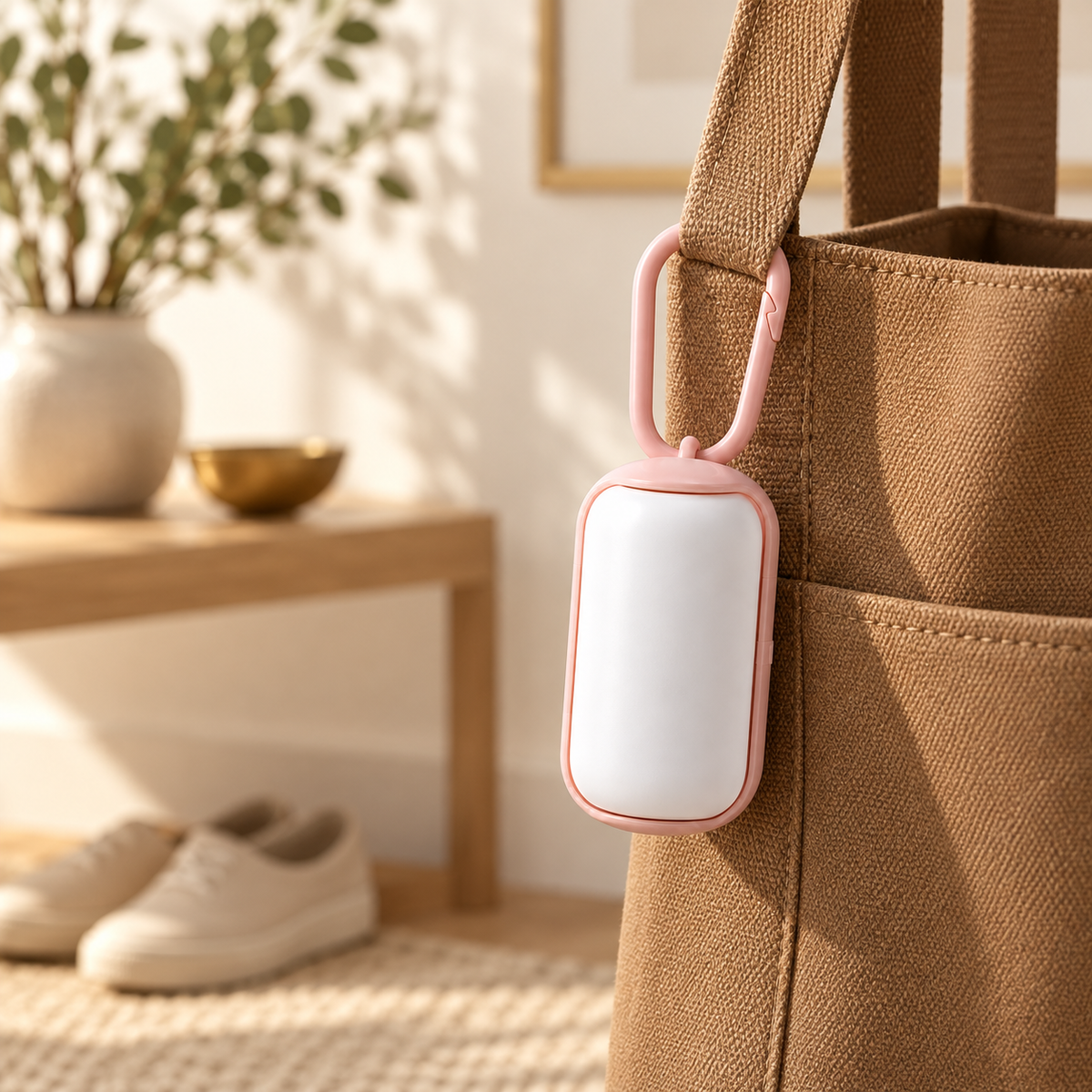 White waste bag dispenser with a pink carabiner clipped to the strap of a tan canvas tote bag in a bright entryway