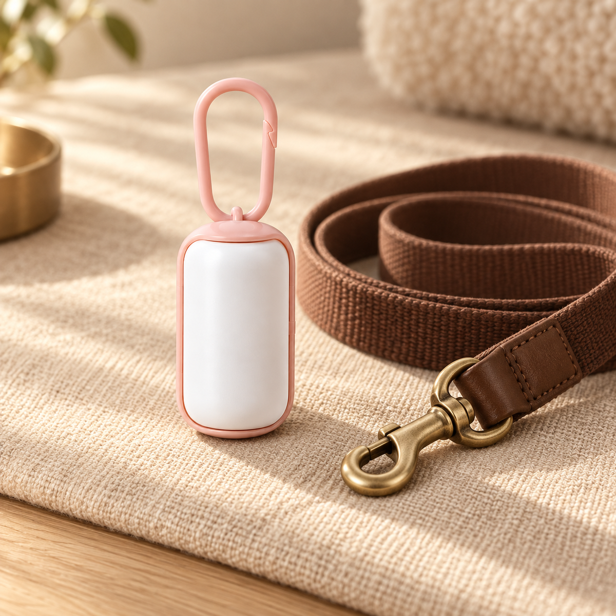 Close-up of a white dog waste bag dispenser with pink clip resting on a woven rug beside a brown leash with brass clasp