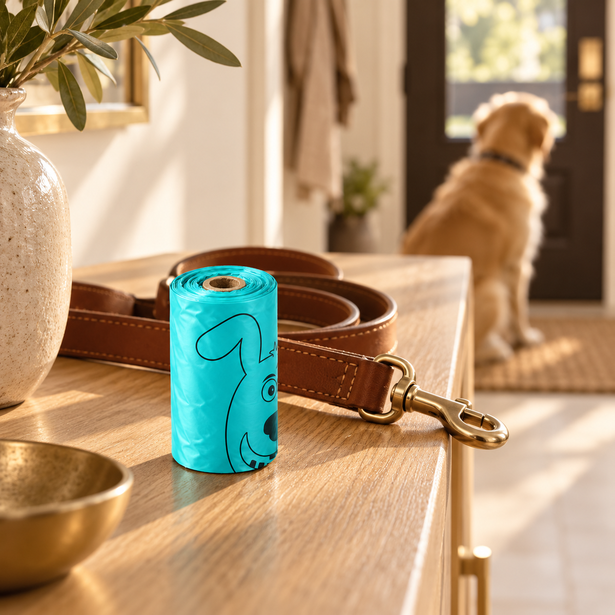 Teal dog waste bag roll printed with a dog face on a wooden console next to a brown leash, a golden retriever behind