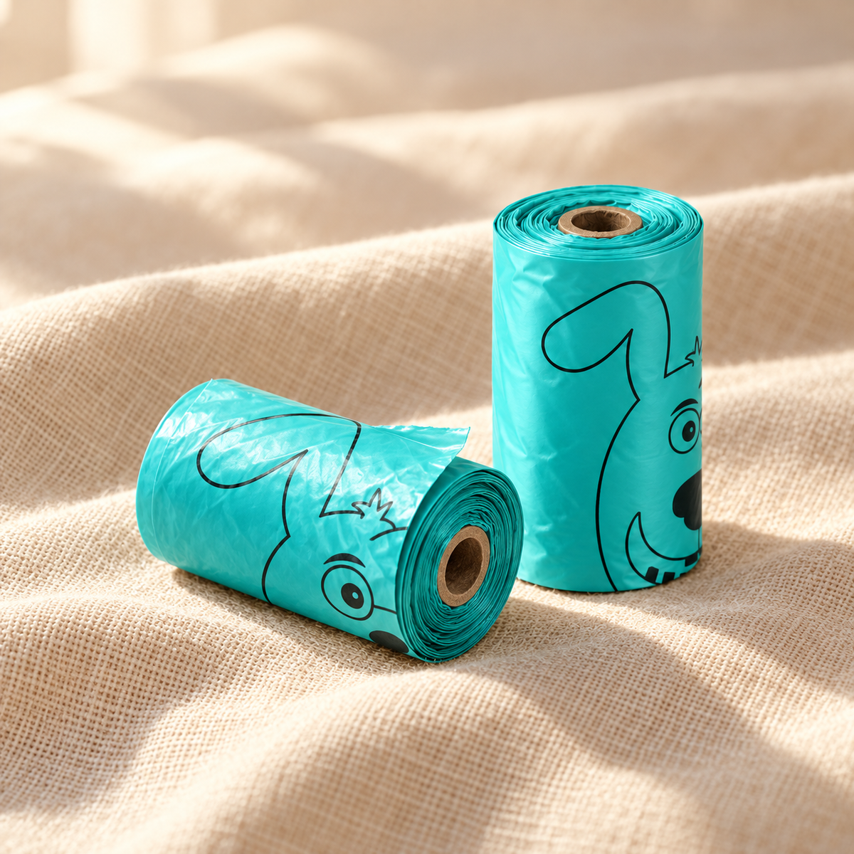 Two teal dog waste bag rolls with a printed dog face lying on a soft linen throw in warm window light