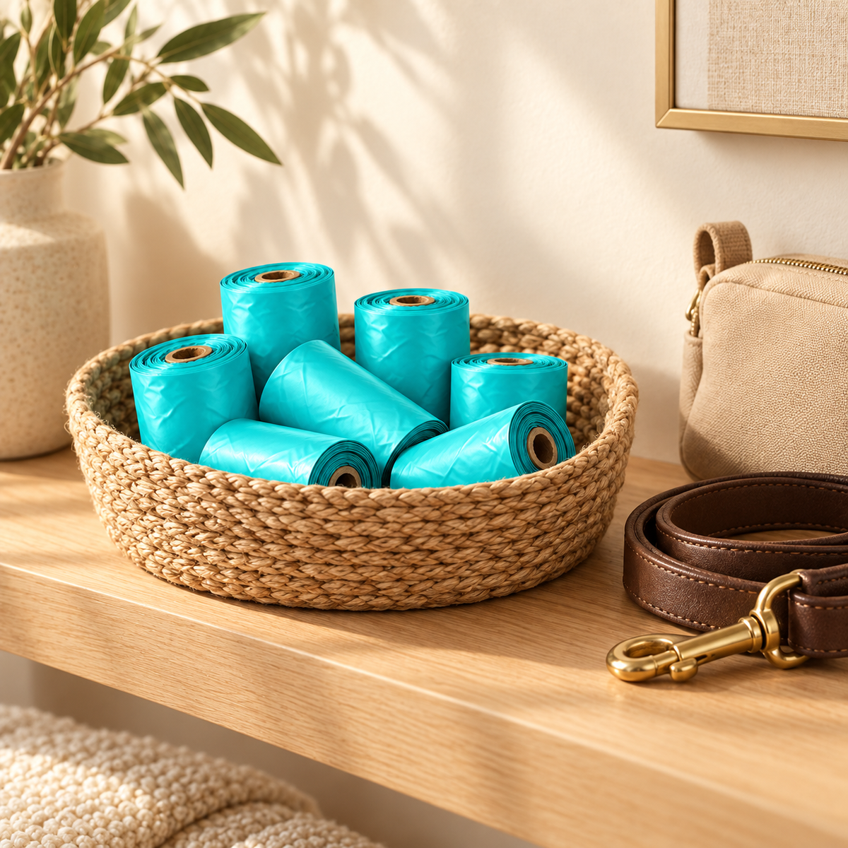 Several teal dog waste bag rolls piled in a woven basket on a wooden shelf beside a brown leather leash and a tan bag