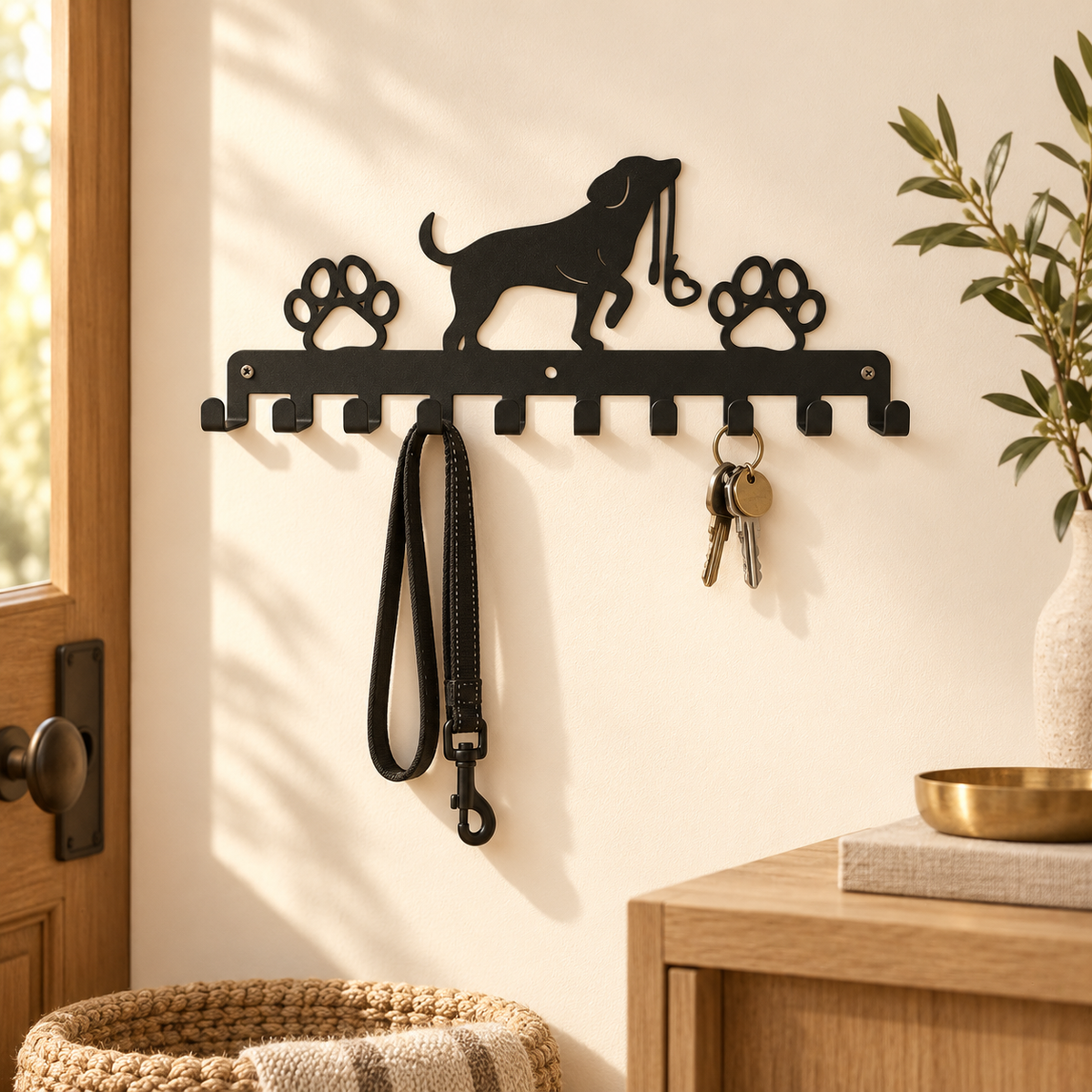 A black leash and keys hang from the dog-shaped ten-hook wall rack beside a light wooden entryway console.