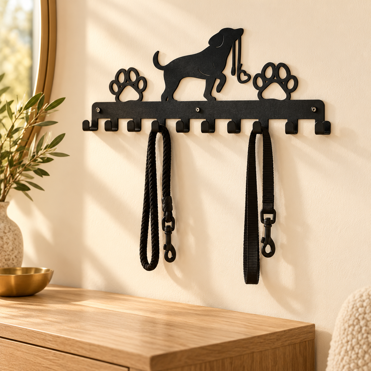 Two black dog leads hang from separate hooks on the metal rack, leaving the wooden tabletop below clear.