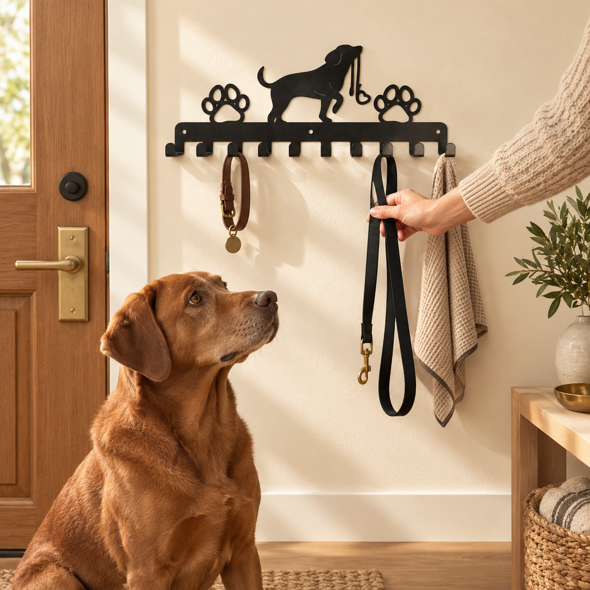 A brown dog waits by the door as an adult reaches for a leash hanging on the black ten-hook wall rack.