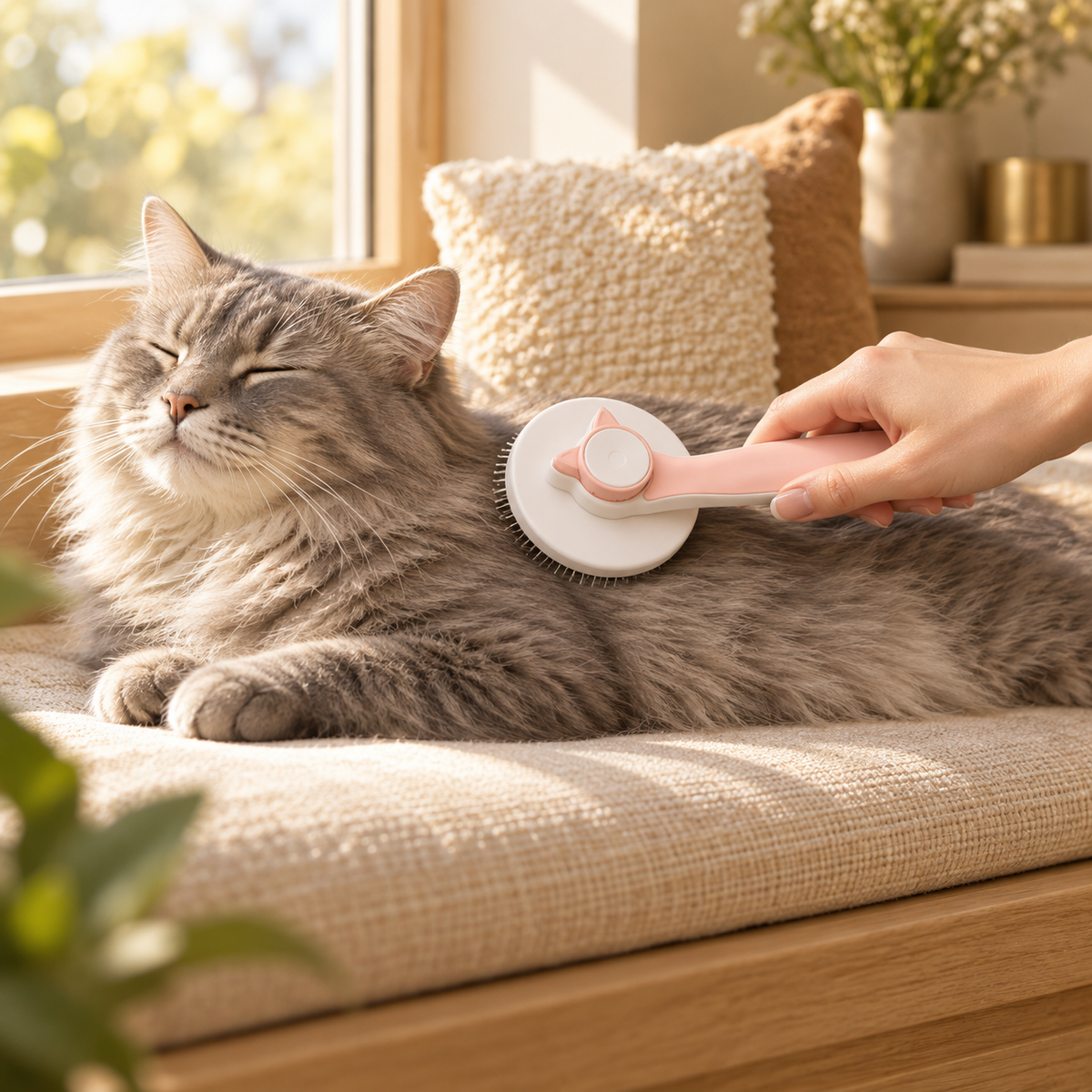Hand brushing a fluffy gray cat on a sunny window seat with a pink round slicker brush