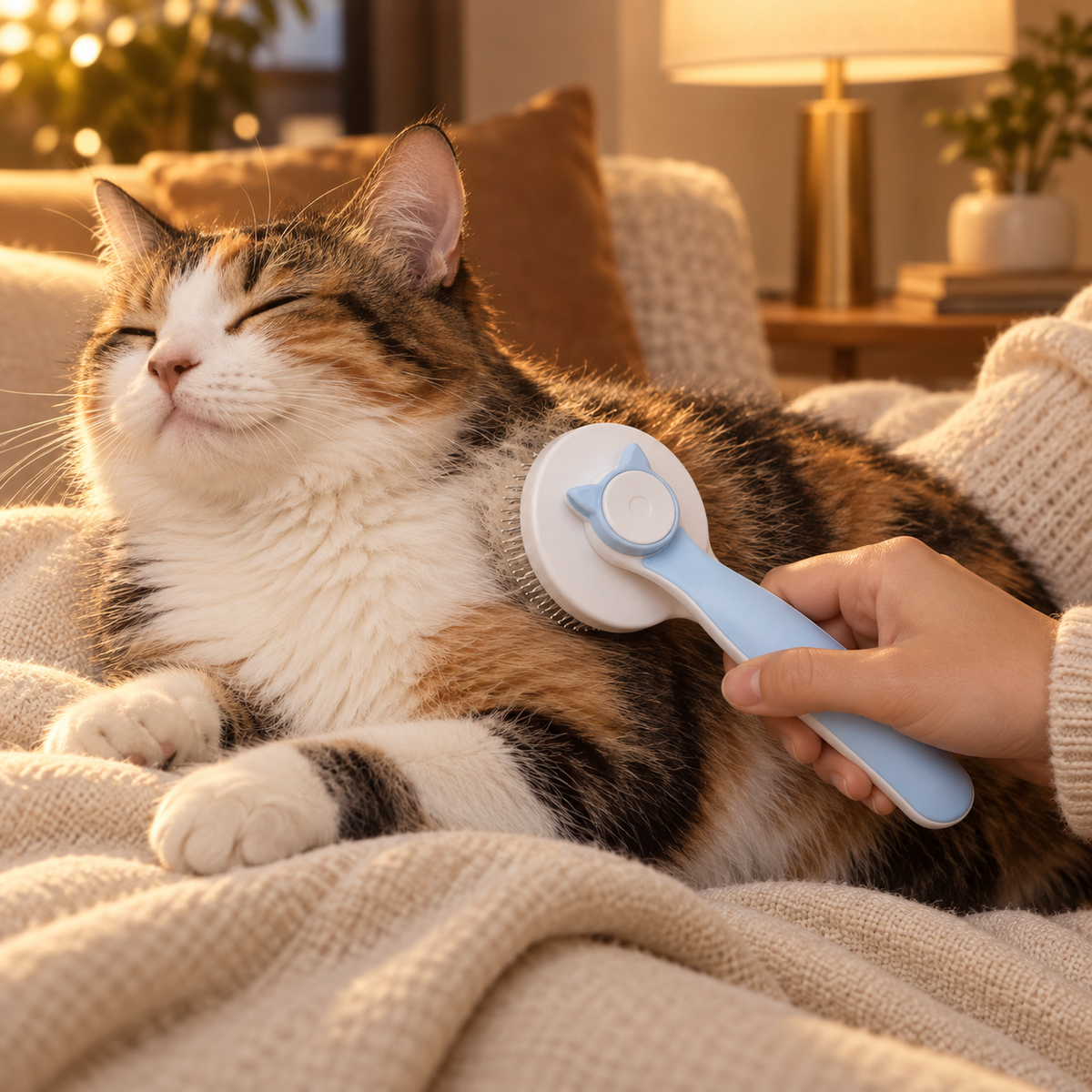 Hand guiding a blue slicker brush along a calico cat's side on a linen blanket