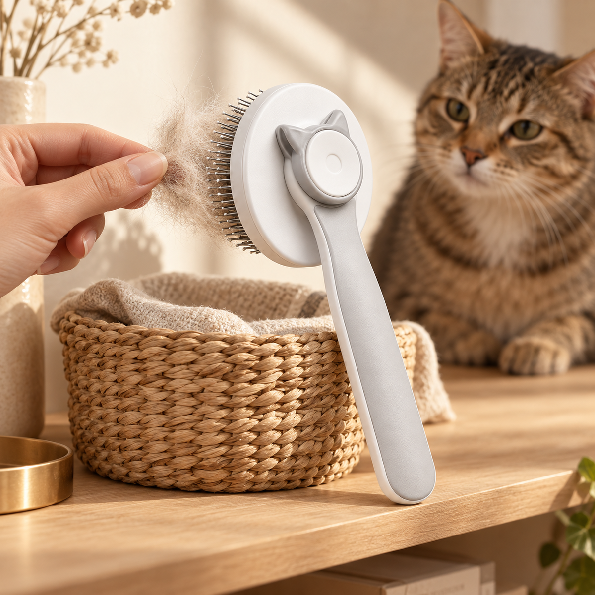 Fingers pulling a tuft of fur from a gray slicker brush above a woven basket on an oak shelf