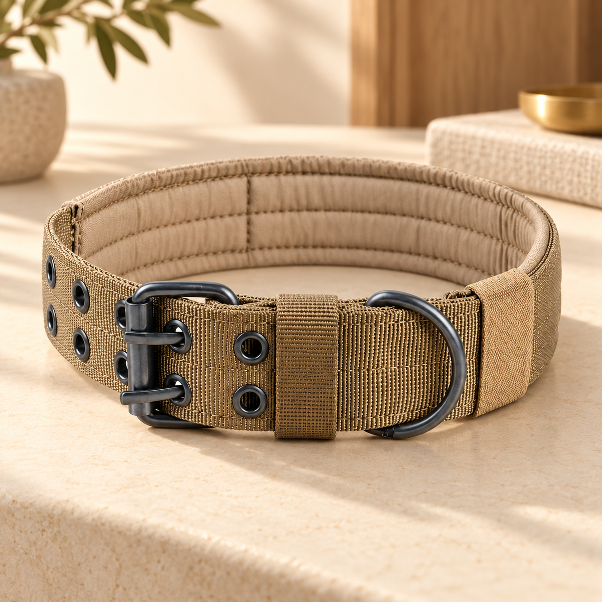 A brown nylon collar rests in an oval on a cream console, showing its padded inner lining and dark buckle.