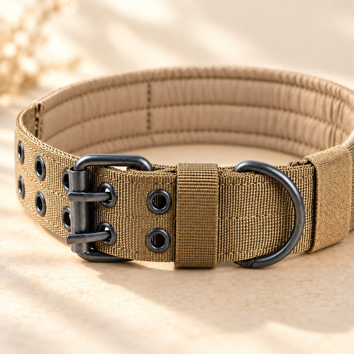Close view of two black buckle prongs fastened through paired eyelets beside the collar’s dark D-ring.