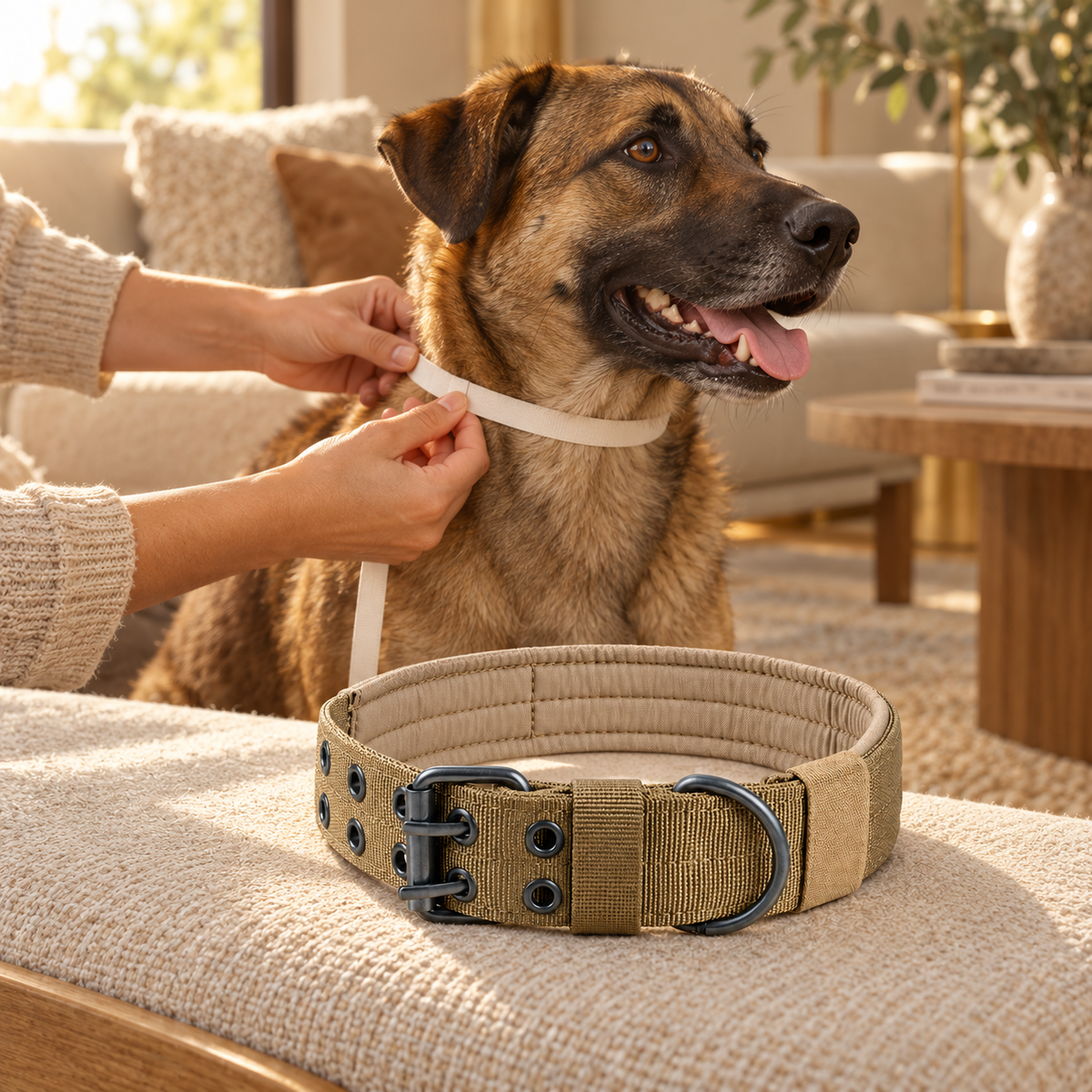 An adult measures a dog’s neck while a brown padded collar rests separately on a cream bench in front.
