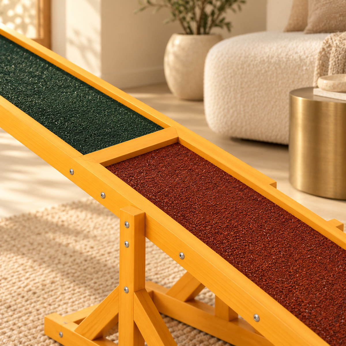 Close view of the green and reddish-brown seesaw surfaces, wooden divider and triangular support beneath the plank.