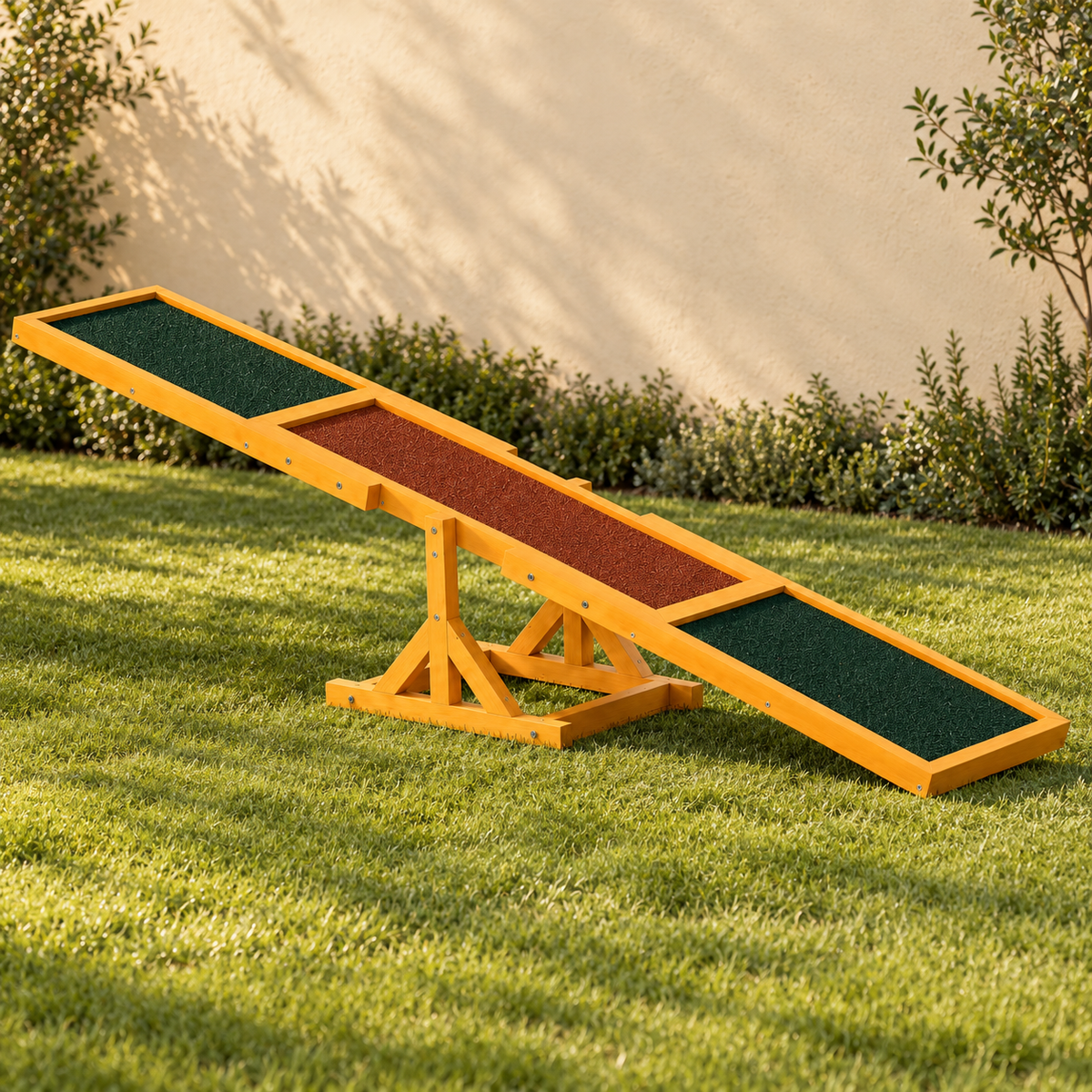 Full wooden dog seesaw on a garden lawn, showing its long narrow plank, green end panels and central braced support.