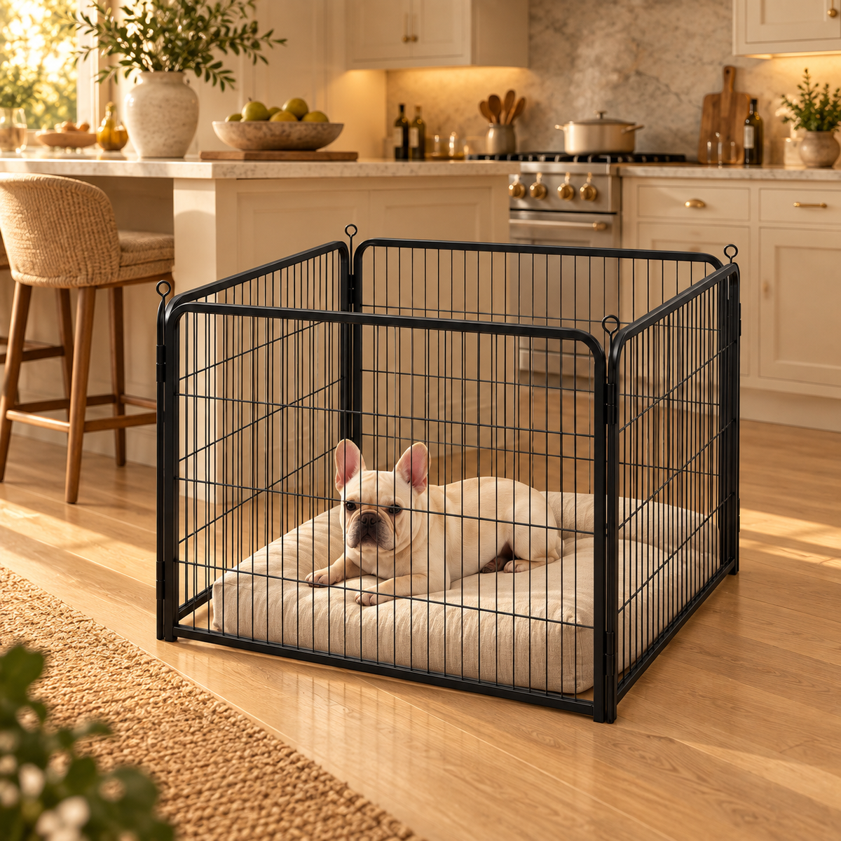 French bulldog puppy on a cushion inside a square metal playpen near a warm kitchen