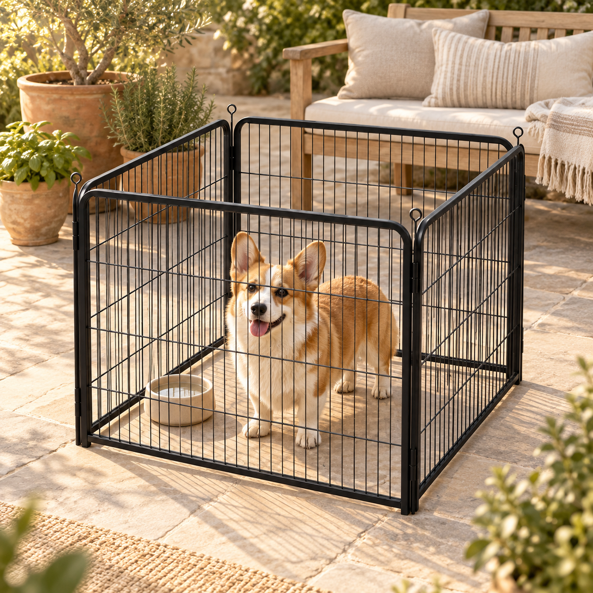 Corgi standing inside a metal playpen on a sunny stone patio