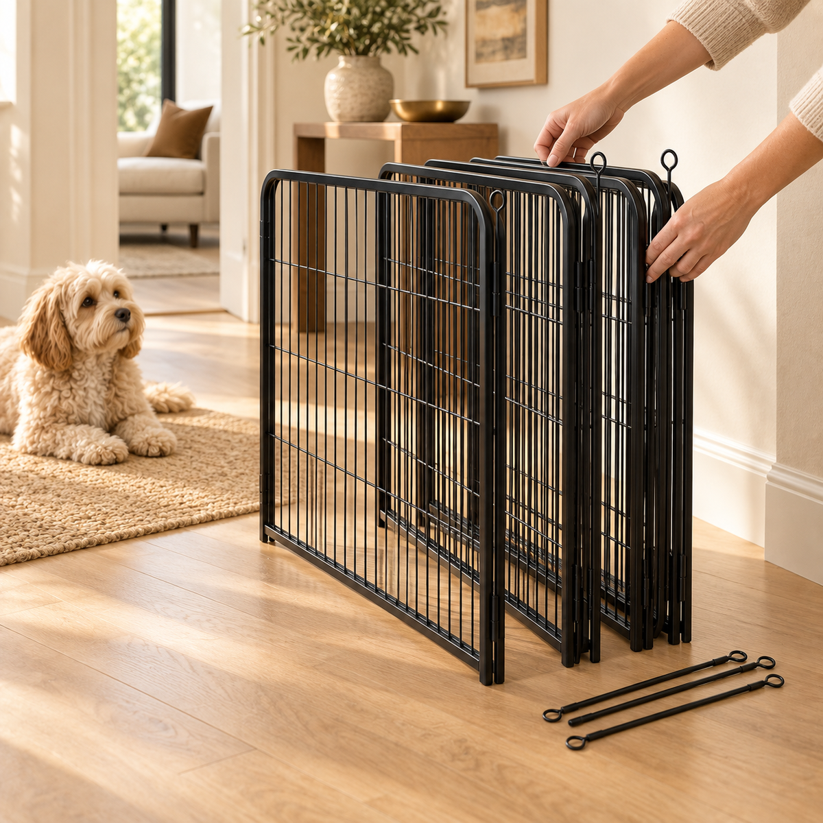 Hands folding the metal playpen panels into a flat stack in a bright hallway