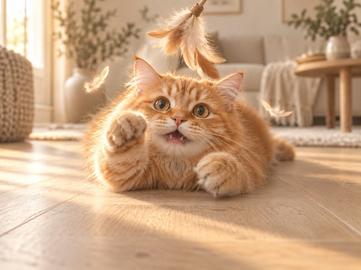 The same ginger cat, delighted, batting at a feather toy in warm sunlight
