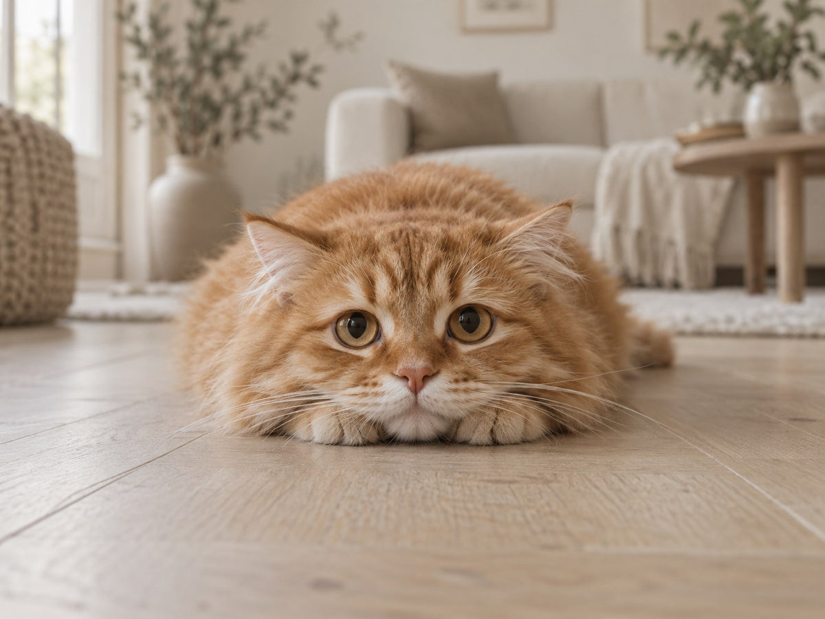 A bored ginger cat lies flat on the floor, chin on its paws, looking up with sad eyes