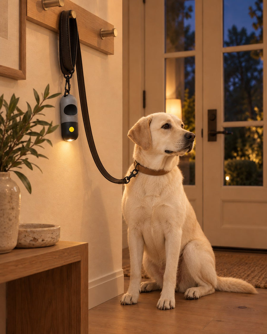 Bella — Last walk of the day, bags clipped to the leash