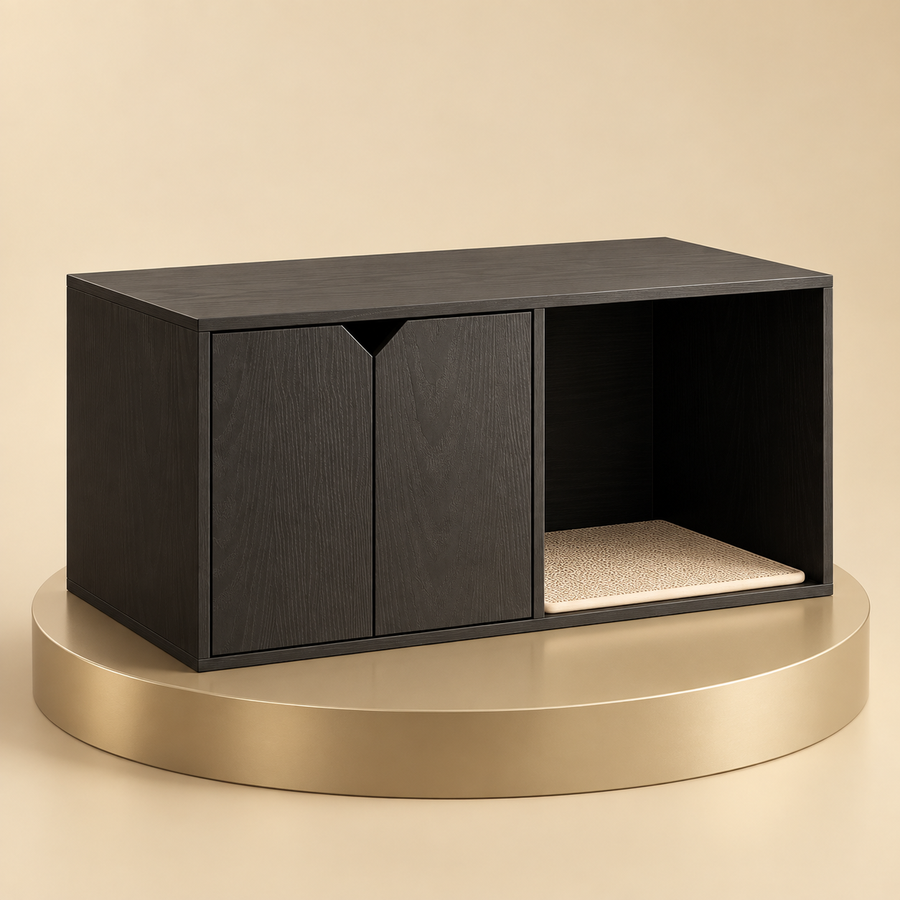 Cat litter box enclosure in black with two doors and an open bay with a scratch pad, on a champagne plinth