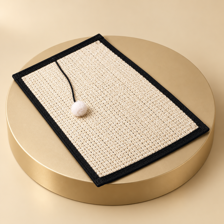 Sisal cat scratch pad with black fabric trim and a white pompom on a string, lying on a champagne plinth