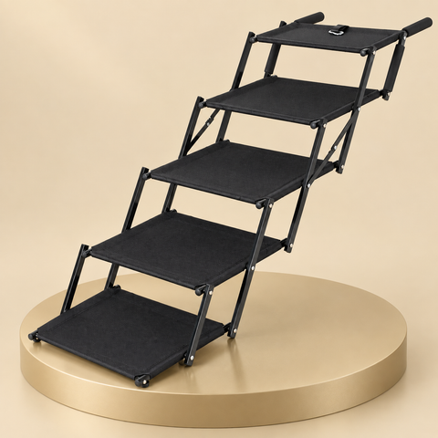 Foldable dog stairs with five black textured steps and a metal frame, on a round champagne plinth