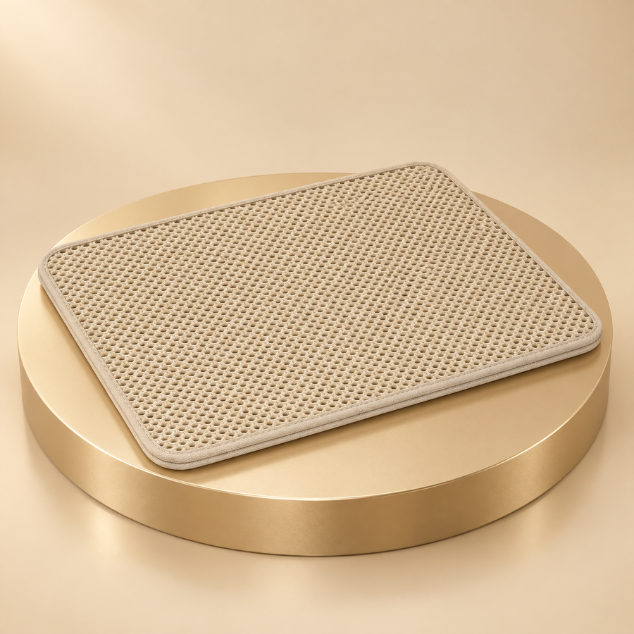 Double-layer cat litter mat in beige with a honeycomb top, shown on a round champagne plinth