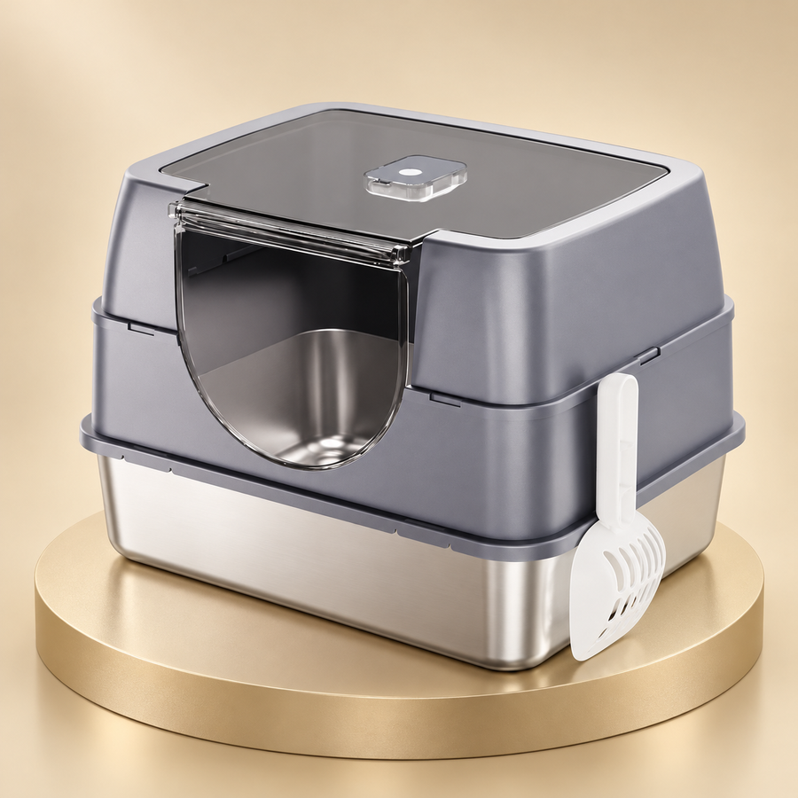 Gray covered cat litter box with a steel basin, rounded transparent front flap, flip-top roof and white side scoop.