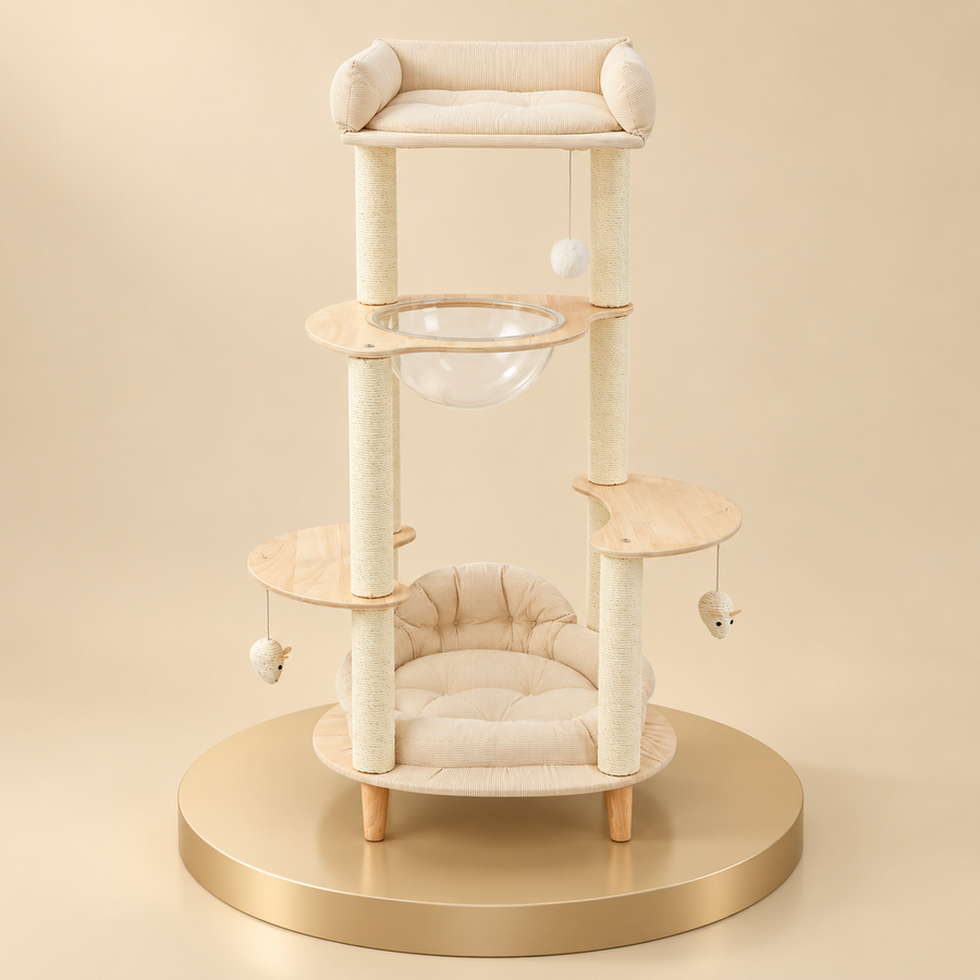 Four-tier wooden cat tree with sisal posts, a clear bubble bowl and cushioned beds on a champagne plinth