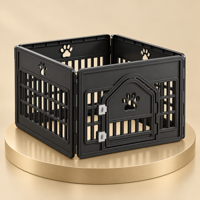 Plastic Dog Playpen with Door, 4 Panels, Black