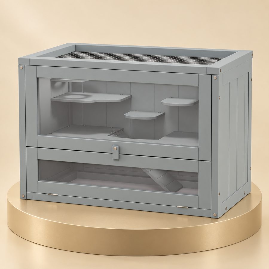 Two-level gray wooden hamster cage with a mesh top and clear front panels on a champagne plinth