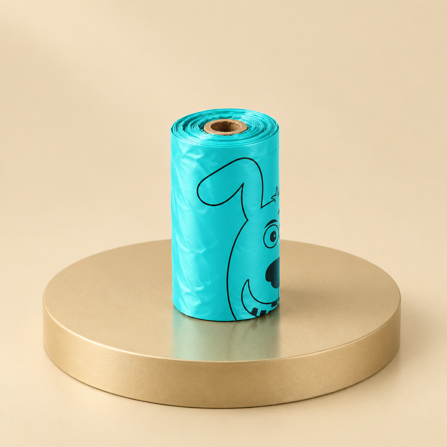 Dog waste bags, a single teal roll with a cartoon dog print, standing on a round champagne plinth