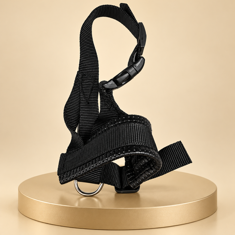Small black nylon dog muzzle with a padded nose loop, adjustable neck strap and silver D-ring on a champagne pedestal
