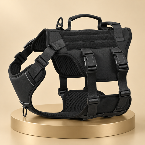Black tactical dog harness with two handles and front and back clips on a round champagne plinth