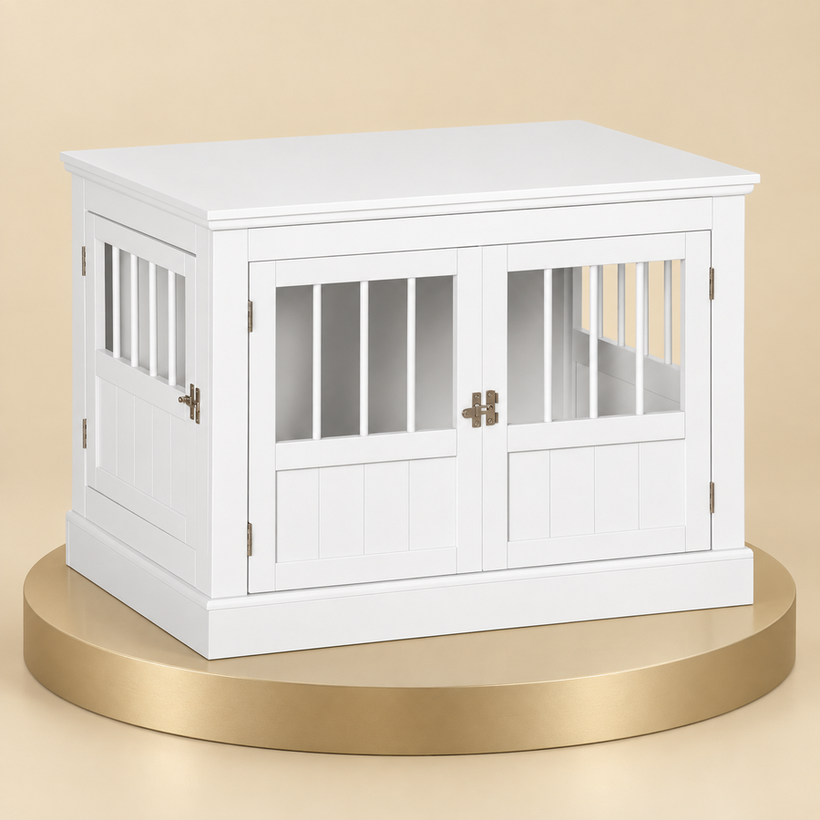 Triple door dog crate table in white with slatted doors on a round champagne plinth
