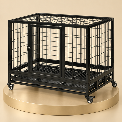 Heavy-duty dog crate on wheels in black welded steel with a front door, on a champagne plinth