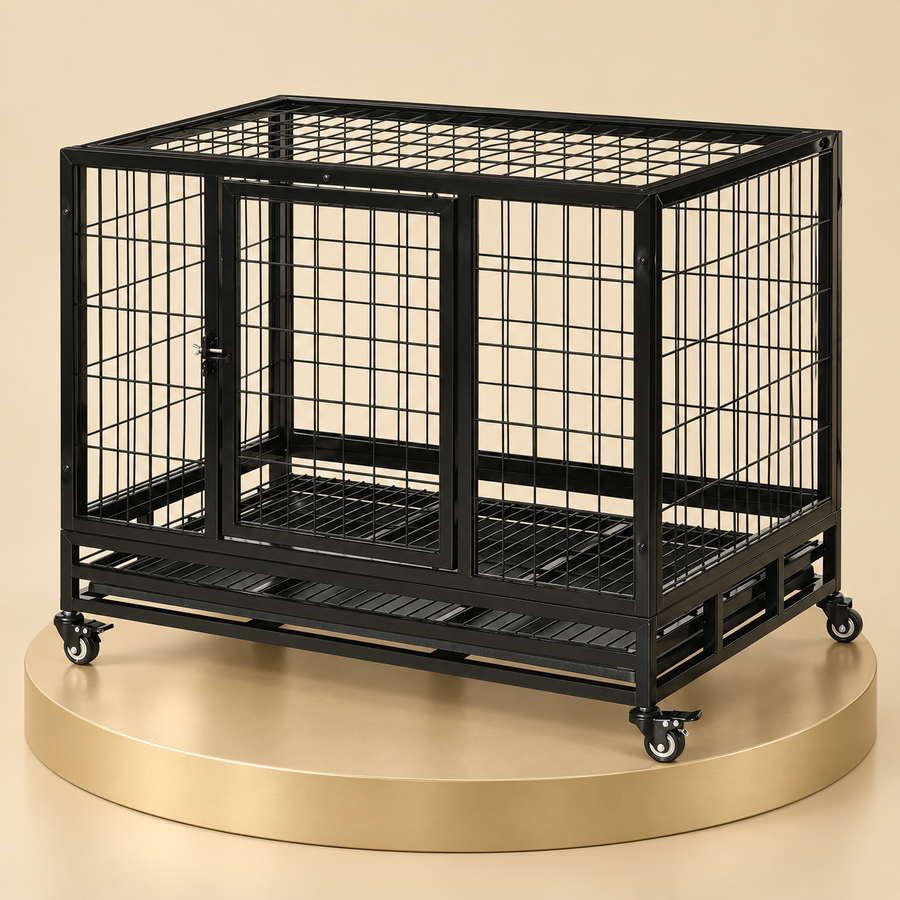 Heavy-duty dog crate on wheels in black welded steel with a front door, on a champagne plinth